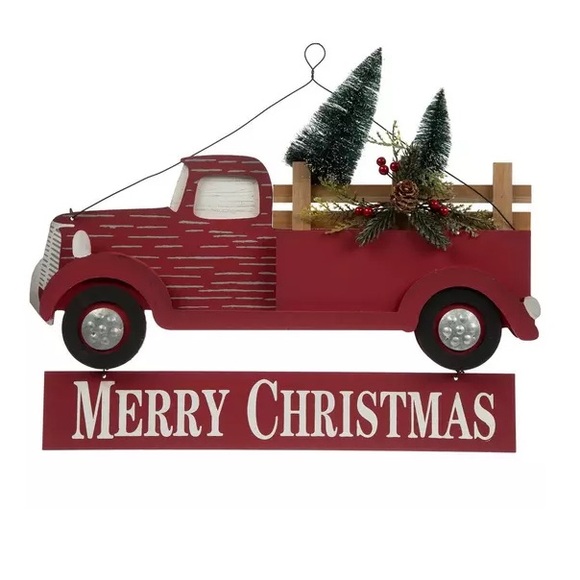 NWT- Red Farmtruck- Merry Christmas Wooden Decor Sign w/ Bottle Brush Trees 🌲 - Picture 16 of 17